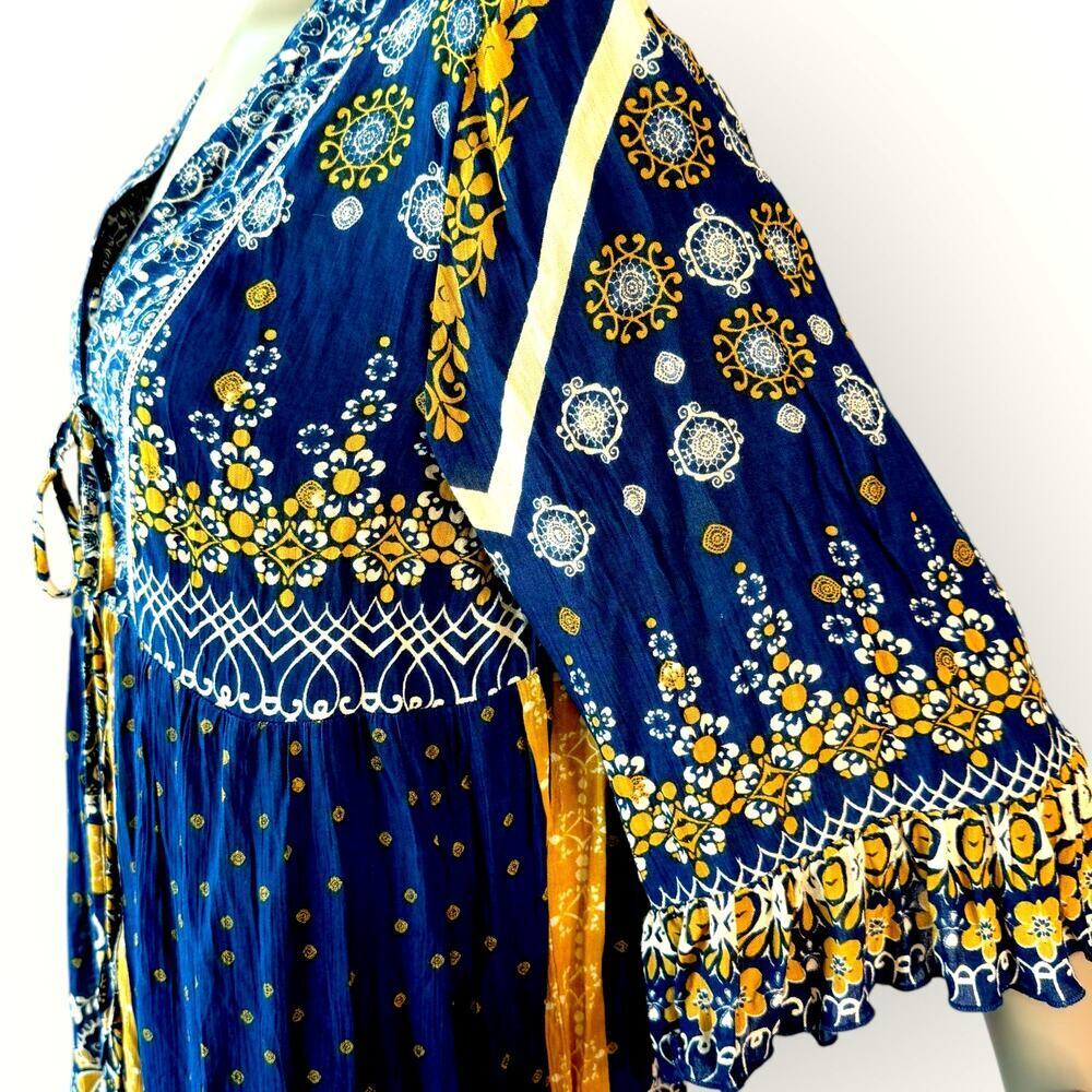 Millenium New Top Blouse Tunic Dress Womens L Bohemian Paisley Navy Gold Peasant - Picture 7 of 12
